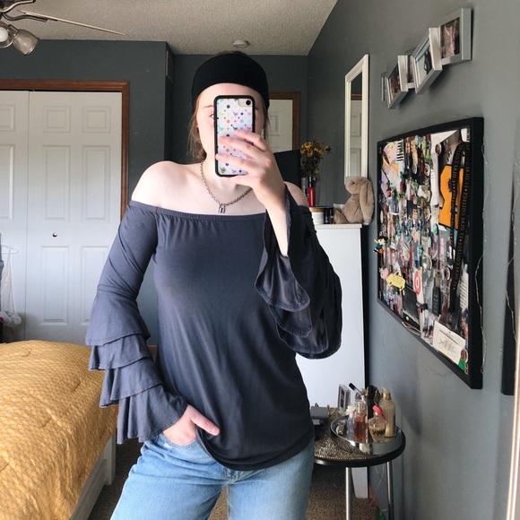 Off the Shoulder Dark Gray Top - Picture 6 of 10